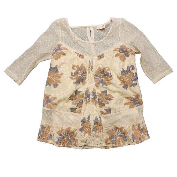 Anthropologie‎ Meadow Rue Women's Blouse XS Shirt Mesh Floral Embroidered Top - Picture 1 of 11